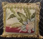 Wool Needlepoint Pillow Cover Palm and Butterfly Cushion 23x23 with Brush Fringe