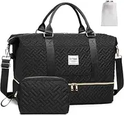 [GITIBAB] Weekender Bags for women,50L Quilted Travel Duffel Bag with Shoe Compartment, Large Carry On Overnight Tote Bag with Toiletry Bag & Trolley Sleeve,Hospital Bags for Labor and Delivery, Black