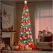 5 Ft Pop Up Christmas Tree with 50 Lights,Collapsible Christmas Tree,Artificial Pencil Christmas,Home Office Decor Indoor Dorm Room Party Holiday Xmas Decorations (Red) (Sequin Style)