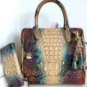 Brahmin Caroline Satchel Reptilian Ombre Leather Bag+Wallet+Tassel Ring NWT