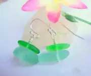 Aqua Blue & Green Pebble Shaped Frosted Sea Glass Silver Ladies Dangle Earrings