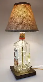 YOUR CHOICE! Bottle TABLE LAMP Bar Light w/ USB Fairy Lights, Wood Base & Shade!