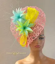 Kentucky Derby Hat Pink Aqua Blue Yellow Royal Ascot Fascinator Silk Feathers