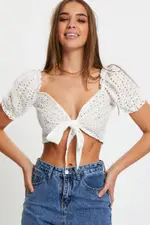 White Puff Sleeve Top Short Sleeve Crop - Size 14, Women's Trial Woven