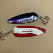 2 New Cabela's 1 1/4 oz Fishing Spoon Lure 5” Shiny Scales & Red White Stripe