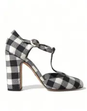 Dolce&Gabbana Women Black White Sandals Fabric Checkered Mary Jane Shoes EUR 40
