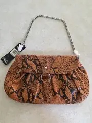 Adrianna Papell Animal Print Burnt Orange Black Silver Chain Clutch Handbag Y2K