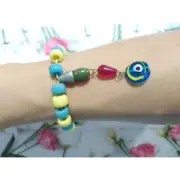 Yellow Blue Evil Eye Beaded Bracelet Rosary Protection Amulet Adjustable Unisex