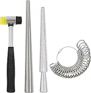Ring Sizer Tool Metal Ring Sizing Mandrel Ring Gauge Sizer Set Rubber Jeweler's Mallet Hammer Steel Finger Size Measuring Stick Wire Wrap Rings Tools Jewelry Making Kit