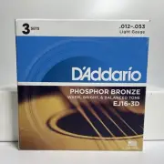 D'Addario EJ16-3D Phosphor Bronze Acoustic Guitar Strings, Light, 3 Sets - NEW