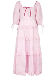 Damson Madder Rebecca Embroidered Cotton Midi Dress - Pink - 14 (UK14 / L) 14 (UK14 / L)
