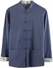 [NTWSHS] Chinese Clothing Cotton Linen Tang Suit, Men Kung Fu Clothing Tops Martial Art Uniform Jacket Coats Long Sleeve Cotton Tai Chi Clothes for Seniors(Blue,3X-Large)