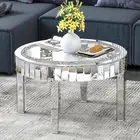 60cmSparkly Crystal Inlay Mirrored Coffee Table Modern Round Silver Accent Table