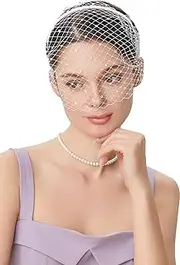 [Generic] 1920s Flapper Fascinator Mesh Veil Headband Bridal Wedding Tea Party Fascinator Veil for Women (White With Crystal, One size)