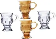 JECOMPRIS 4Pcs Embossed Glass Goblets with Handle Elegant Transparent Coffee Glasses for Home Restaurant Afternoon Tea for Cocktails Beverages