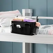 GOKENA Bedside Caddy Dormitory Bedside Storage Pocket Hanging Organizer with Fixed Straps and Water Bottle Holder Hanging Basket Bedside Caddy for Home College Dorm Bunk Bed Crib Bed Rails (Black)