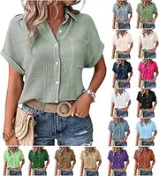 [Generic] Linen Blouse Women, Summer Button-Down Shirt Tops Oversized V Neck Blouse Large Sizes Short-Sleeved Tops Linen Clothing Shirt Solid Top