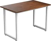 Desky Fixed Office Side Table – Slim Steel Frame – Easy Assembly – 100kg Capacity – Walnut Rubberwood Finish & White Frame