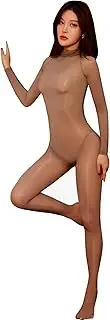 [BESYFAY] Men's 8 Denier Long Sleeve Seamless Nylon Bodystocking High Collar Oil Shiny Full Body Tights with Sleeve