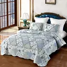 VIVILINEN Blue Patchwork Quilt Set Full Queen Size Reversible Quilted Bedspread