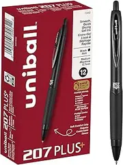 uniball 207 Plus+ Retractable Gel Pens 12 Pack in Black with 0.7mm Medium Point Pen Tips - Uni-Super Ink+ is Smooth, Vibrant, and Protects Against Water, Fading, and Fraud