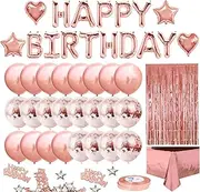 DAWNTREES Birthday Balloons for Girls, Birthday Decorations, Happy Birthday Party Banners, Rose Gold Tassel Curtains, Aluminum foil tablecloths, Heart-Shaped Star foil Confetti Balloons.(Pink)