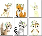 Woodland Watercolor Animals Nursery Wall Art Prints,6 Pieces Cute Safari Baby Floral Crown Animals Posters Pictures Wall Decor for Kids Girls Room Playroom Toddler Room(Unframed, 8 x 10 Inch)