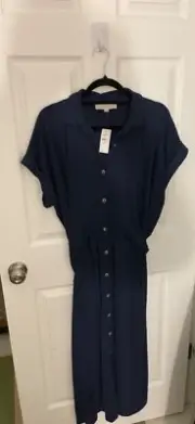 Womens Ann Taylor Loft Button up with back tie Maxi dress blue NWT 16