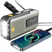 Emergency NOAA Weather Radio,Portable Hand Crank Radio, Solar Powered, AM/FM, SOS Alarm, Flashlight, 2000mAh Rechargeable Battery Power Bank, Type-C for Outdoor Camping Emergency (Military Green)