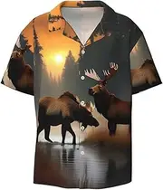[HVTTIOR] Deer Bear Moose Print Short Sleeve Shirt Cuban Collar Beach Casual Style Summer Vacation Relaxed Fit