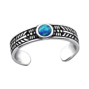 TJS 925 Sterling Silver Toe Ring Textured Tribal Round Pacific Blue Opal Adjust