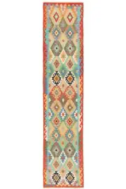 Kilim Afghan Hand-Woven Oriental Carpet 384x83 cm-Läufer,Kilim,Carpet,Rug,Red