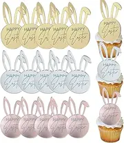 15 Pcs Happy Easter Cupcake Topper Acrylic Mirror Disc Bunny Cake Topper Engraved Happy Easter Cake Topper Decorations for Spring Easter (Mixed Color)