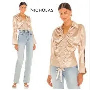 NEW Nicholas Women’s V Neck Amber Shell Silk Blouse Size 4