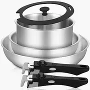 INQIBEE Tri-ply Stainless Steel Pots and Pans Set,8.5-12 Inch Sauté Pans and 2 QT Saucepan Set,Induction Cookware for Home & RV Camping,Detachable Handle Stackable Cookware,Oven Safe.