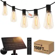 100Ft Solar Outdoor String Lights with Remote - USB Rechargeable Solar Powered O