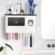 Toothpaste Dispenser Wall Mount Toothbrush Holder for Bathroom,2Cups and 1Drawer Storage Box,6 Toothbrush Slot,Black Toothbrush Holder Set