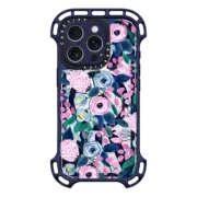 iPhone 16 Pro Ultra Bounce Case MagSafe Compatible Girly Pink Navy Blue Watercolor Flowers Roses Leaves Pattern Clear