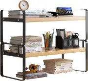 2 Tier Desktop Bookshelf Plant Stand with Metal Frame Wood Board Desk Display Sh
