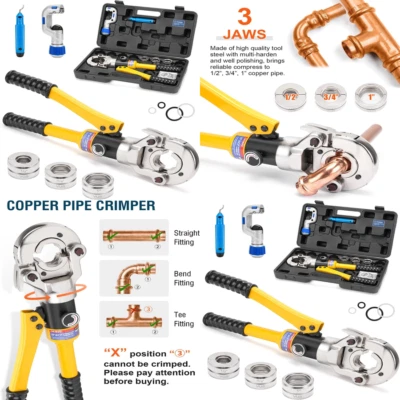 Hydraulic PEX Copper Pipe Crimper Tube Crimping Tool Press Cutter 1/2, 3/4, 1