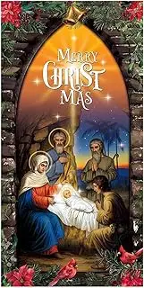 Christmas Nativity Scene Door Cover - 90x200cm/35x78inch Holiday Door Cover,Fabric Manger Scene Backdrop Christmas Background Banner for New Year Indoor Outside Front Door Party Supplies