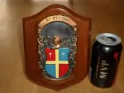 "BURFORD", METAL COAT OF ARMS - FAMILY EMBLEM LOGO, WOODEN WALL PLAQUE, VINTAGE
