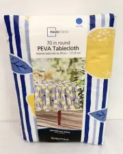 NEW Celebrate! 70 Inch Round Peva Tablecloth Blue White Lemons Spring Summer