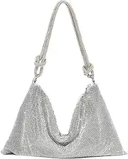 [DNIEBW] RNSUNH Rhinestone Purse for Woman Chic Dazzling Evening Handbag Sparkling Rhinestone Hobo Bag Night Purse Girls Shiny Silver Clutch Purse for Prom Party Club Wedding, Silver