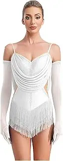[Sxiwei] Women's Latin Dance Costume Tassel Samba Rumba Salsa Jazz Dance Bodysuit Top with Gloves