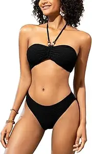 [SHEKINI] Women's Halter Bandeau Bikini Set Beaded Tie Back String Beach Swimwear Two Piece Swimsuit Bathing Suits, Black, L