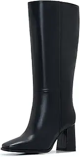 [Aizhenzm] Knee-High Boots for Women - Wide Calf Boots with Zipper, Square Toe Tall Leather Boots, Chunky Heel Fashion Long Boots