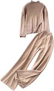 [Generic] Women's Knitted Loungewear Sets Crew Neck Button Split Pullovers High Waist Wide Leg Pant Jogging Tracksuits