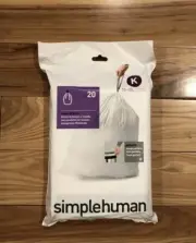 Code K 20 Ct SIMPLEHUMAN Custom Fit Trash Bags Can Liners Refill Size White Pack