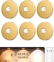 Aokpsrt Rechargeable Puck Lights with Remote Control, 1500mAh Battery Operated Tap Lights, Dimmer& Timer Under Cabinet Lights, Wireless Led Stick on Lights for Closet, Bedroom, Kitchen Gold 6Pcs